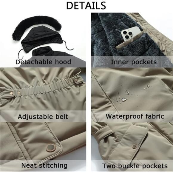 Women's Winter Down Coat Thicken Fleece Lined Khaki - Picture 4 of 4